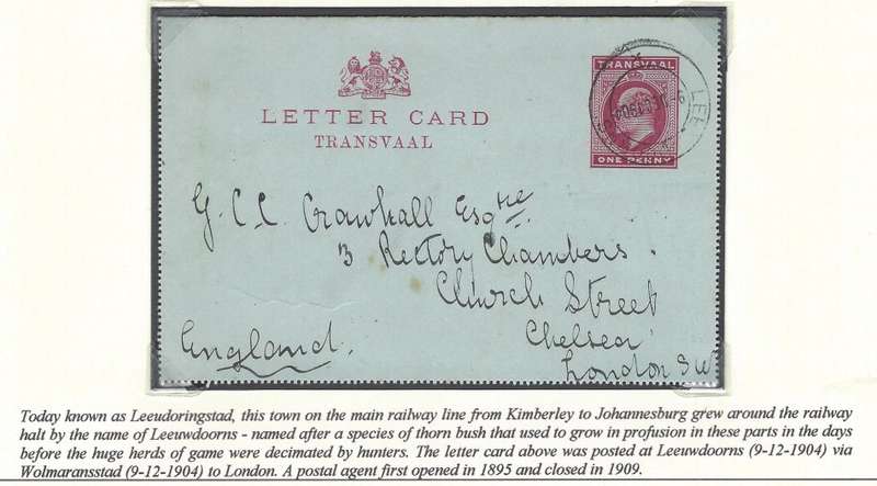 Transvaal Postal Agencies/Post Offices: LEEUWDOORNS via Wolmaransstad to London See below.