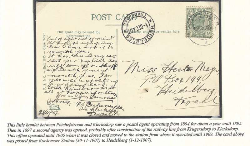 Transvaal Postal Agencies/Post Offices: KOEKEMOER/Heidelberg with "Transvaal". See below.