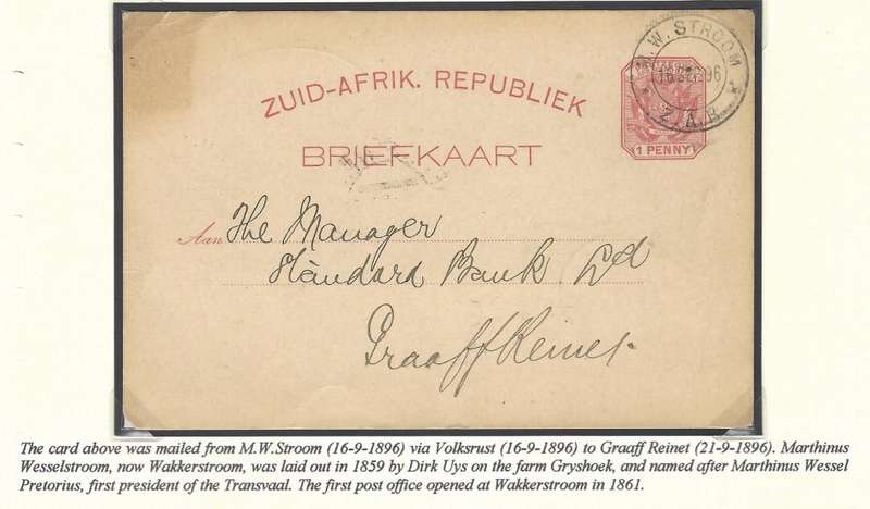 Transvaal Postal Agencies/Post Offices: M. W. STROOM. See below.