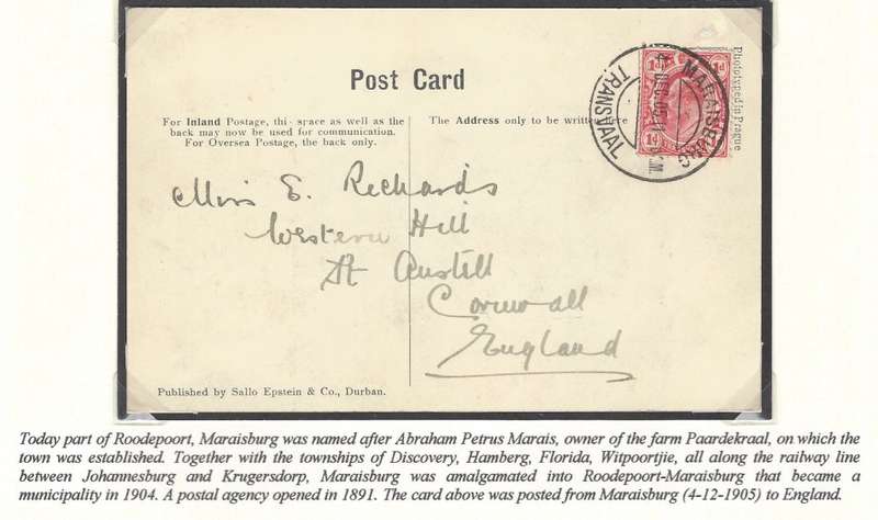 Transvaal Postal Agencies/Post Offices: MARAISBURG. See below.
