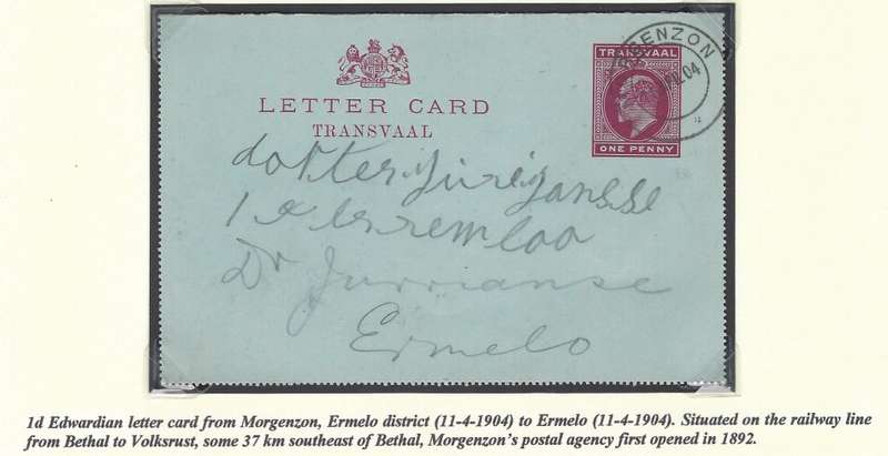 Transvaal Postal Agencies/Post Offices: MORGENZON. See below.