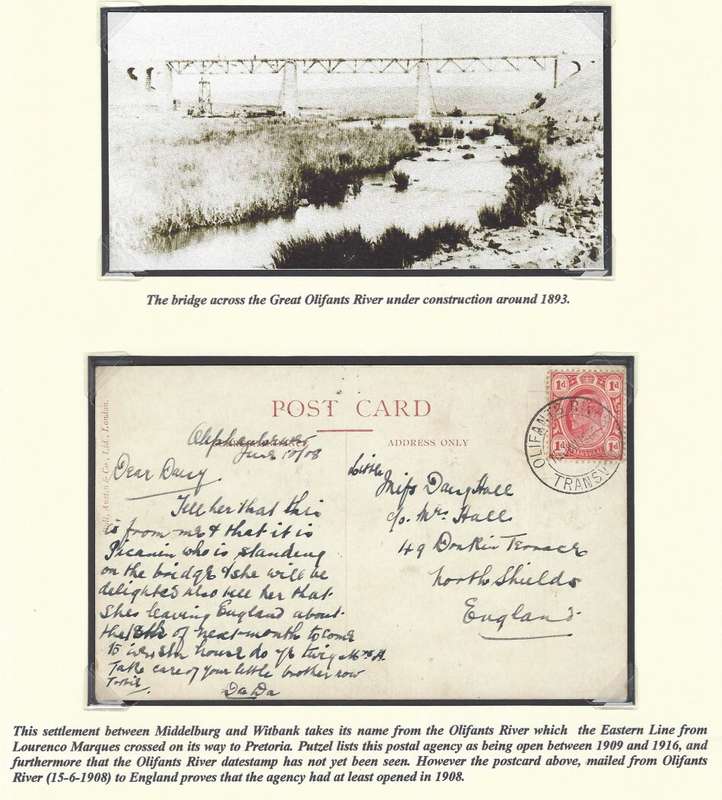 Transvaal Postal Agencies: only known OLIFANTS RIVER on C.S.A.R. postcard predating Putzel's date.