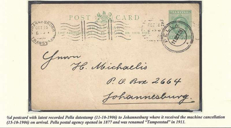 Transvaal Postal Agencies/Post Offices: PELLA. See below.