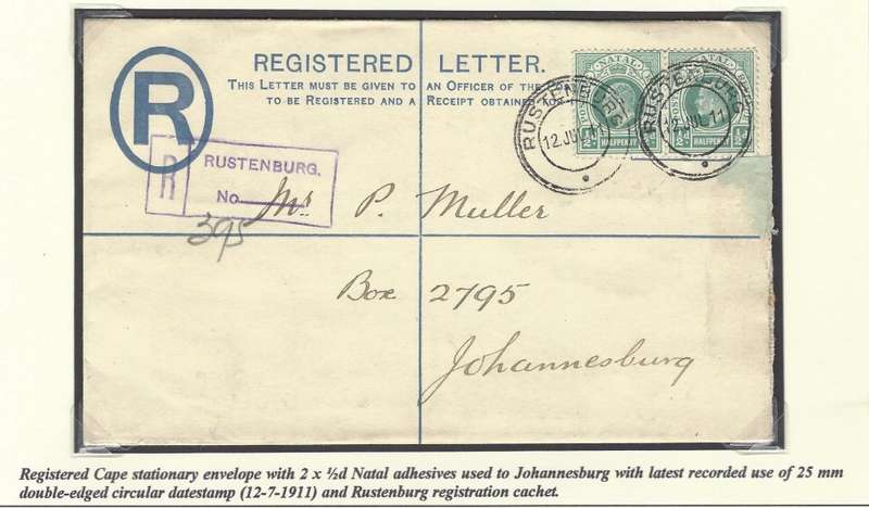 Transvaal Post Offices: Regd. RUSTENBURG & latest recorded use of 25 mm double-edged cds. See below.
