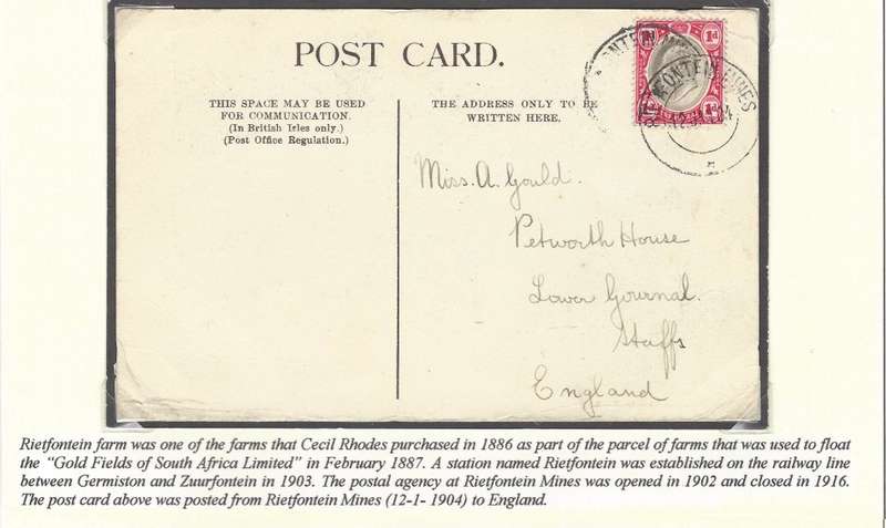 Transvaal Postal Agencies/Post Offices: RIETFONTEIN MINES. See below.