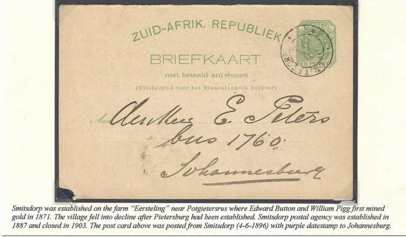 Transvaal Postal Agencies/Post Offices: Very scarce early 3rd office SMITSDORP cds. See below.
