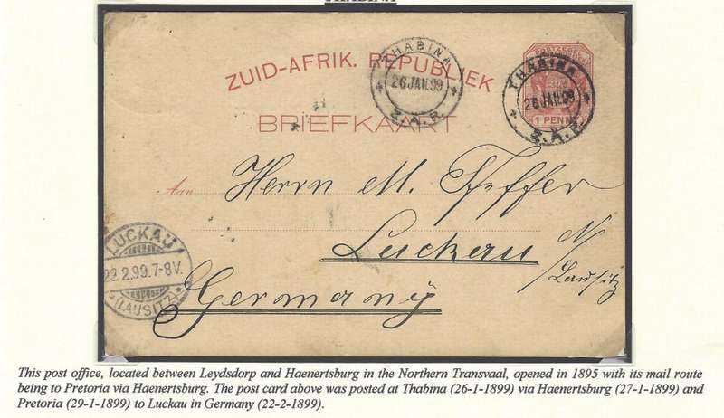 Transvaal Post Offices: THABINA via HAENERTSBURG & PRETORIA to Germany. See below.