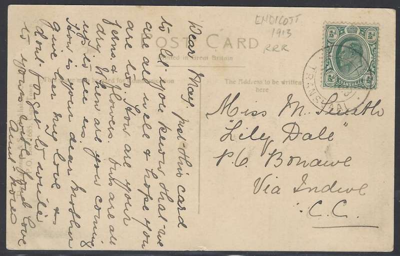 Transvaal Postal Agencies/Post Offices: Extremely scarce 1913 ("RRR") ENDICOTT cds. See below.