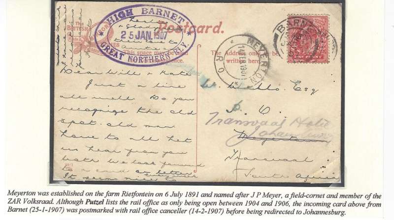 Transvaal Postal Agencies/Post Offices: Rare 1907 MEYERTON RAIL OFFICE cds.  See below.