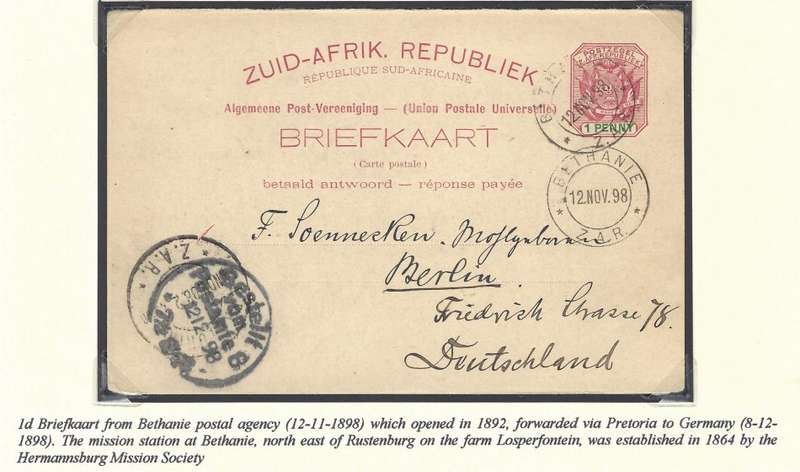 Transvaal Postal Agencies/Post Offices: BETHANIE. See below.