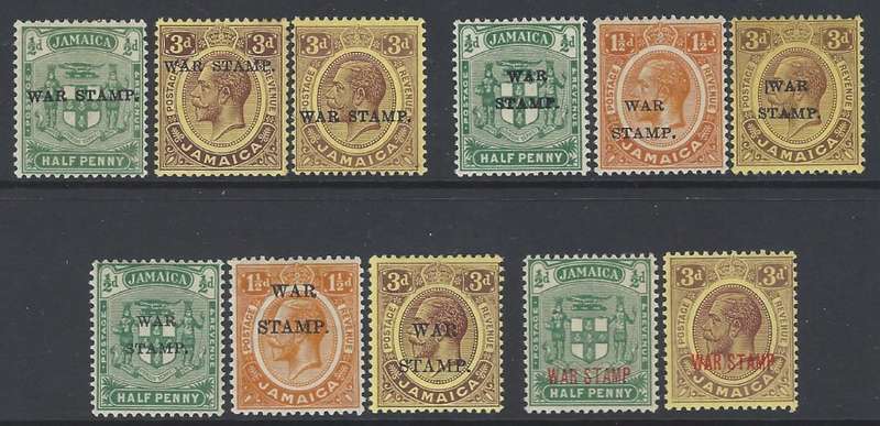 Jamaica 1916/9 extended set of 11.WAR TAX issues fine mint. SG 68/77,69a. See below.