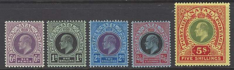 Natal 1908/9 set of 5 to 5s superb mint. SG 165/9. See below.