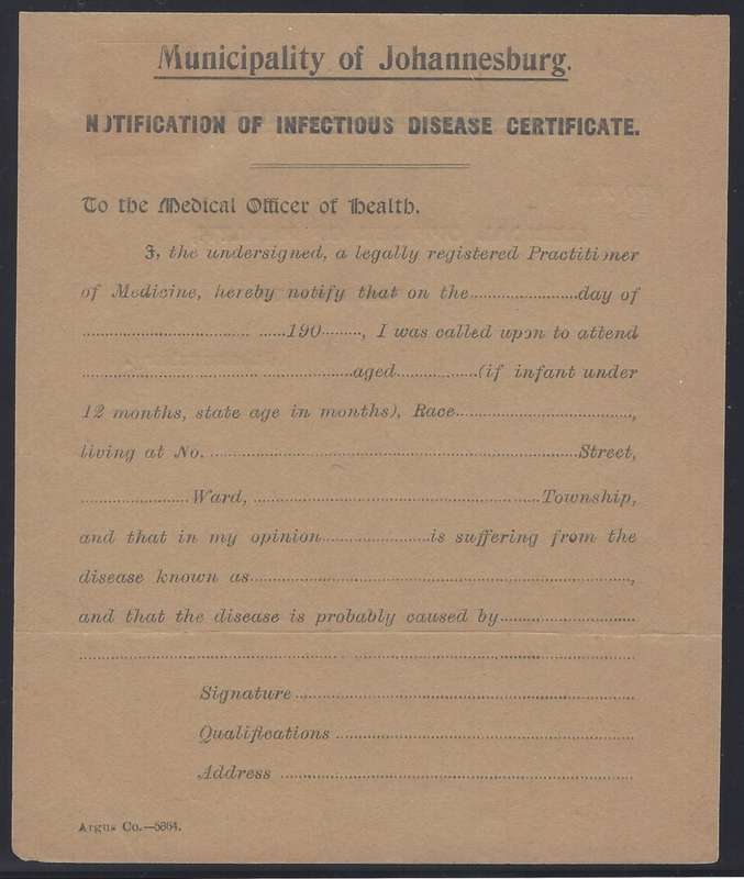 Transvaal: Rare 1900's Johannesburg pre-stamped Infectious Disease Certificate. See below.