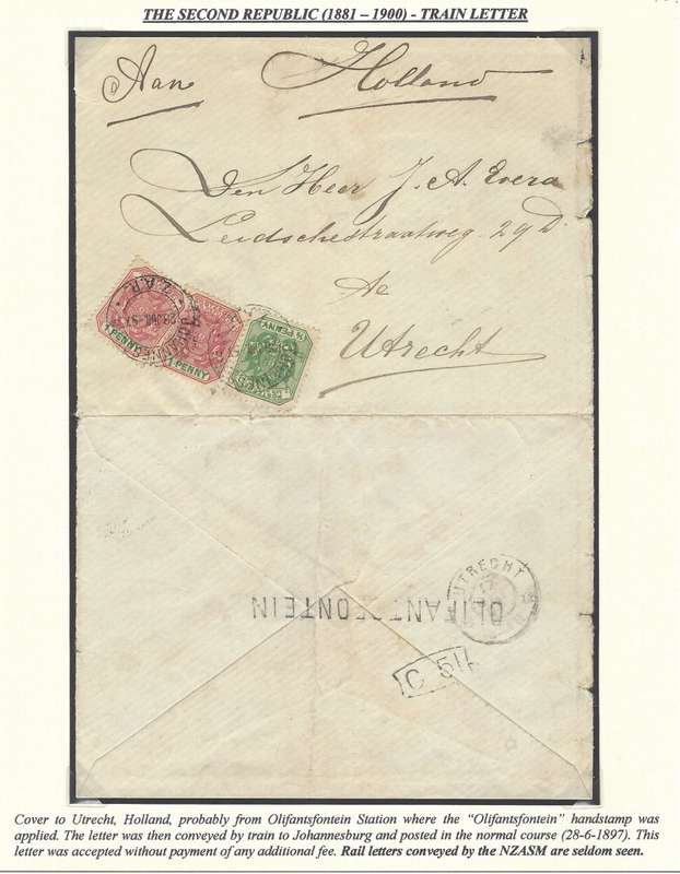Transvaal Rarity: 1897 TRAIN LETTER with OLIFANTSFONTEIN handstamp. See below.