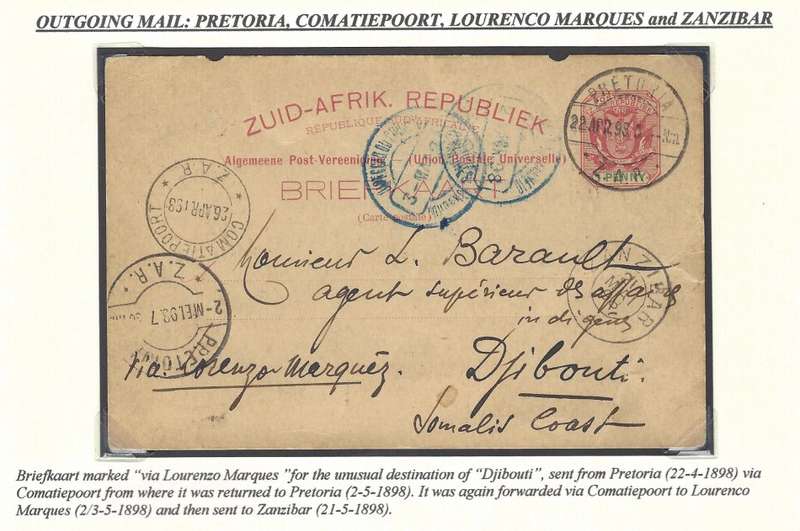 Transvaal: Outgoing mail: Pretoria/Comatiepoort/Lourenco Marques/Zanzibar. Scarce. See below.