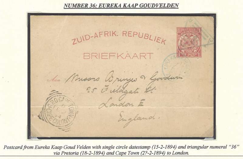 Transvaal: Triangular Numeral "36" EUREKA KAAP GOUDVELDEN Proving card. Scarce. See below.