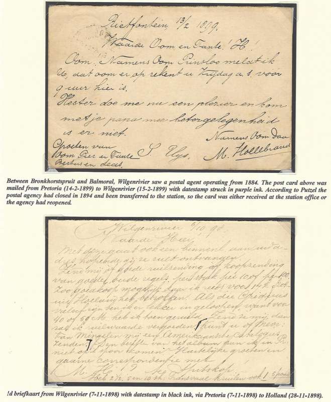 Transvaal Postal Agencies/Offices: Very rare WILGENRIVIER - 2 cards, 2 colours cds. See below.