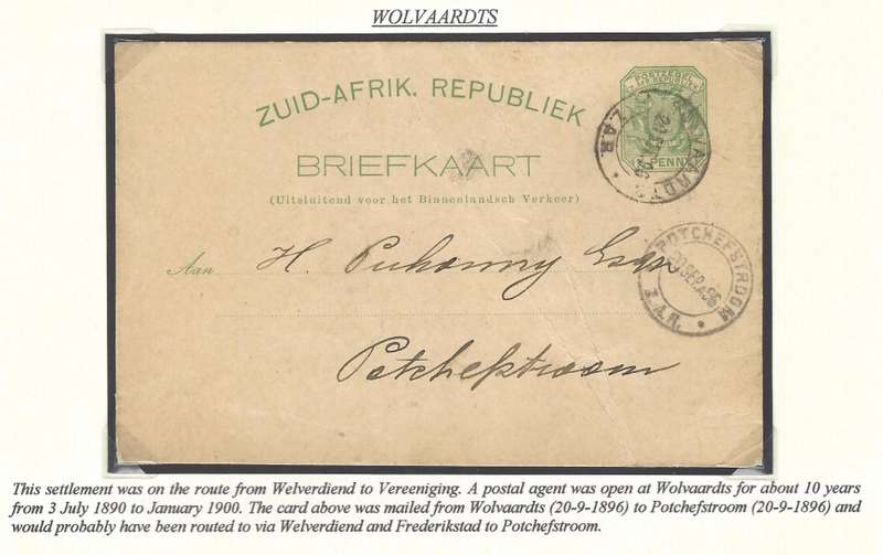 Transvaal Postal Agencies/Offices: Very scarce ("RR") WOLVAARDTS to Potchefstroom.. See below.