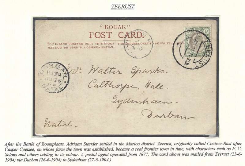 Transvaal Postal Agencies/Offices: ZEERUST via Durban to Sydenham, Natal. (relief cds). See below.