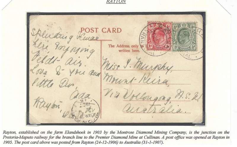 Transvaal Postal Agencies/Offices: Very early 1905 RAYTON cds on WONDERBOOM postcard. See below.