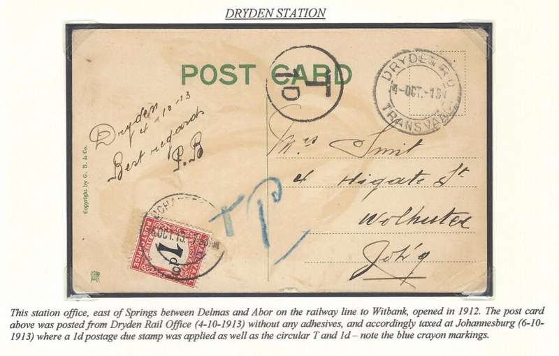 Transvaal: Scarce unrecorded DRYDEN R.(ail) O.(ffice) cds on Taxed postcard. See below.