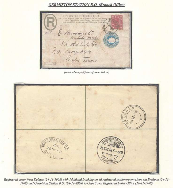 Transvaal: Rare 1908 Registered DELMAS (RR) via BRAKPAN & GERMISTON STATION B.O. (RRR) to Cape Town.