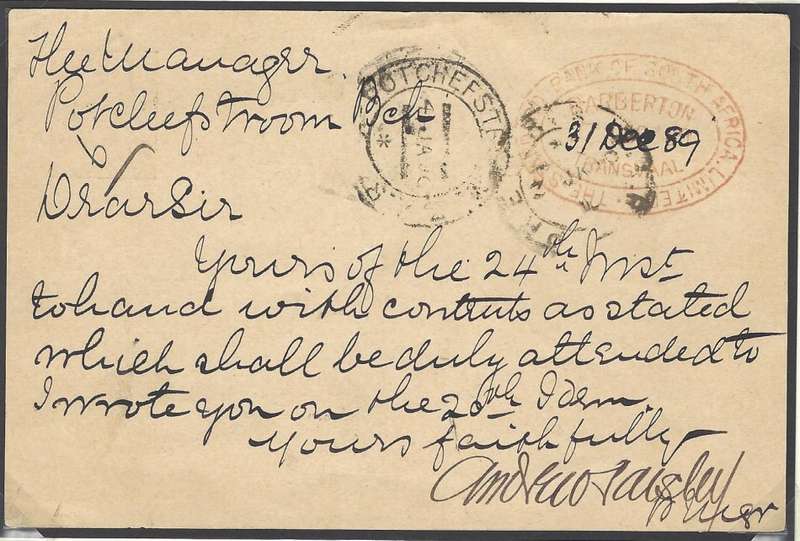 Transvaal: 1889 Proving card Numeral-in-triangle "4" of BARBERTON & EARLIEST truncated double cds.