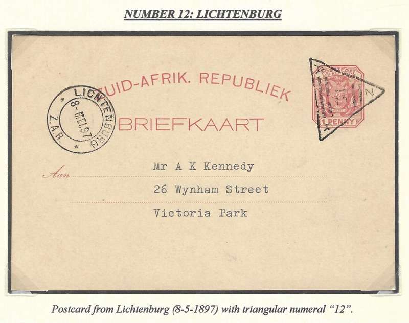 Transvaal:1897 Proving card Numeral-in-triangle "12" of LICHTENBURG. See below.