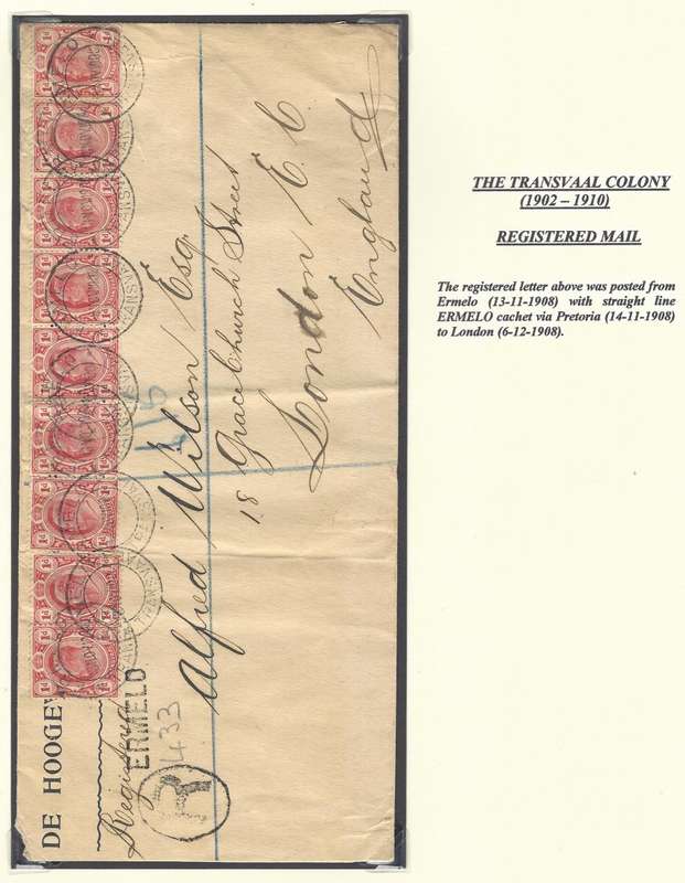 Transvaal 1908 Scarce ERMELO STRAIGHT LINE CACHET Registered letter to UK. See below.
