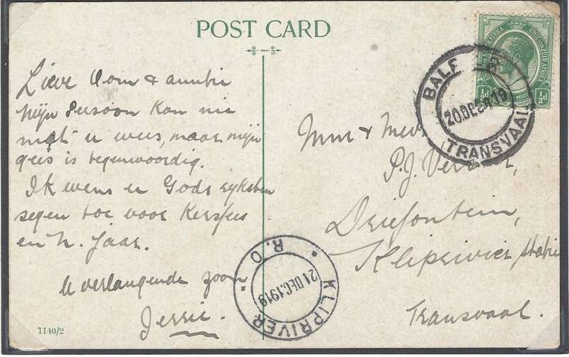 Transvaal post offices: Scarce KLIP RIVER R(ail) O(office) postcard. See below.