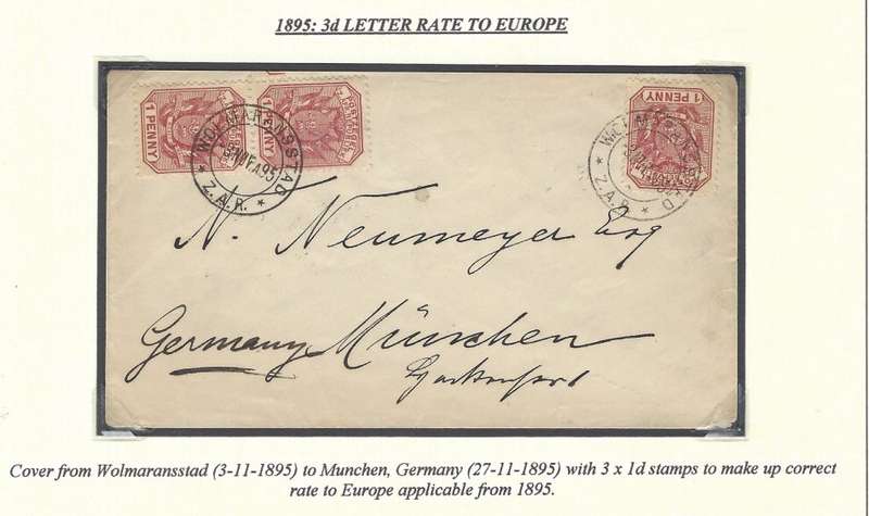 Transvaal: 1895 - The 3d letter rate to Europe from WOLMARANSSTAD. See below.