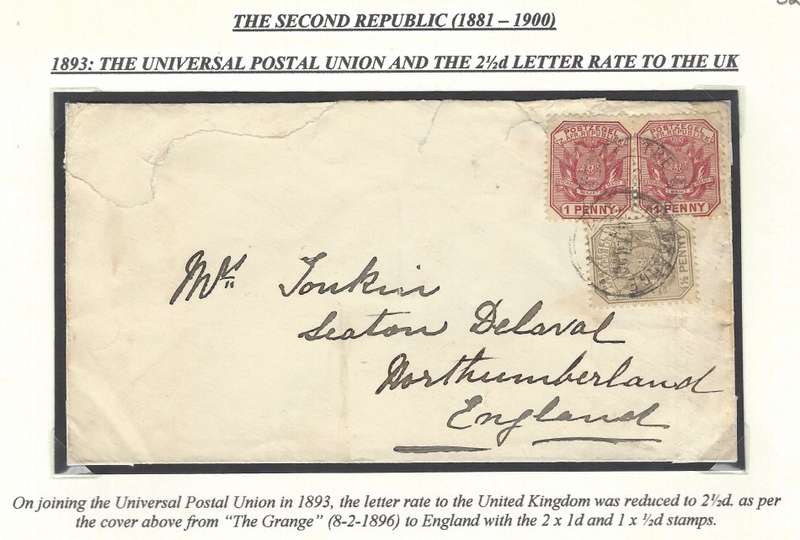 Transvaal: 1893: The U.P.U. & 2 1/2 d letter rate to UK from THE GRANGE. SCARCE. See below.