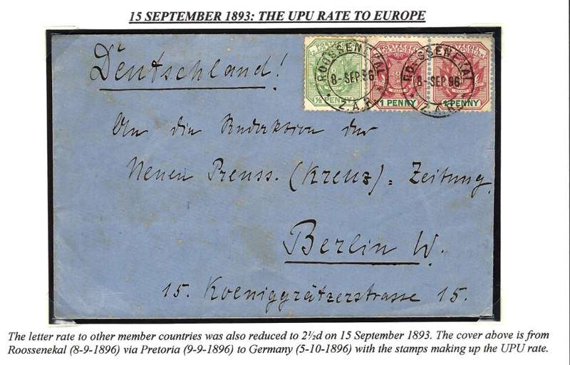 Transvaal: 1893: The U.P.U. & 2 1/2 d letter rate to Europe from ROOSSENEKAL. Scarce. See below.