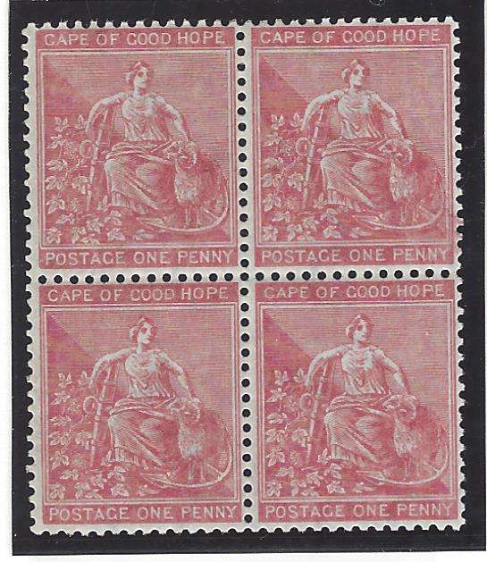Cape 1871/6 1d deep carmine block of 4 VFM/MNH. SACC 24a. See below.