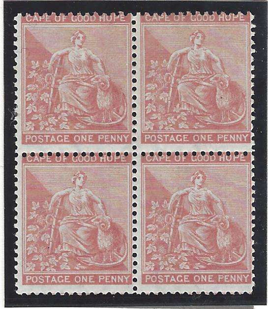Cape 1871/6 1d pale carmine block of 4 VFM/MNH. SACC 24. See below.