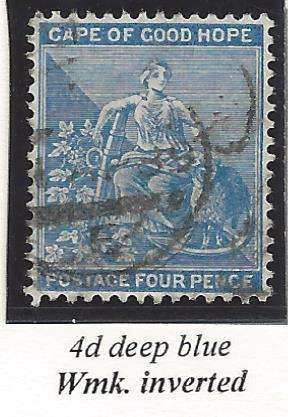 Cape 1871/6 4d with INVERTED WATERMARK fine used. SACC 25c. See below.