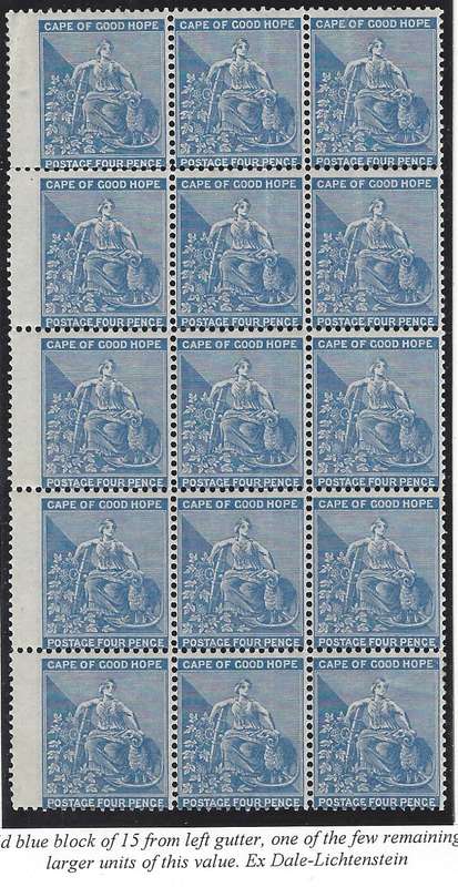 Cape 1871/6 4d block of 15 ex Dale-Lichtenstein MNH/VFM. SACC 25. See below.