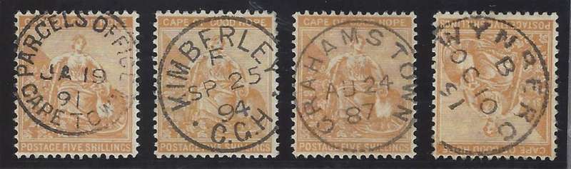 Cape 1887 5s orange group of 4 fine used. SACC 49. See below.