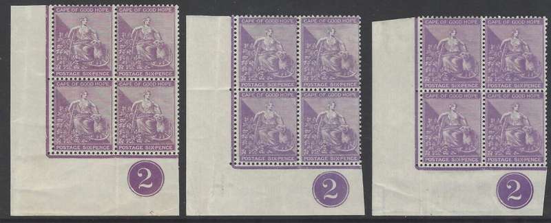 Cape 1884/90 All three 6d shades Plate `2` blocks superb MNH/VFM. SACC 47, a, b. See below.