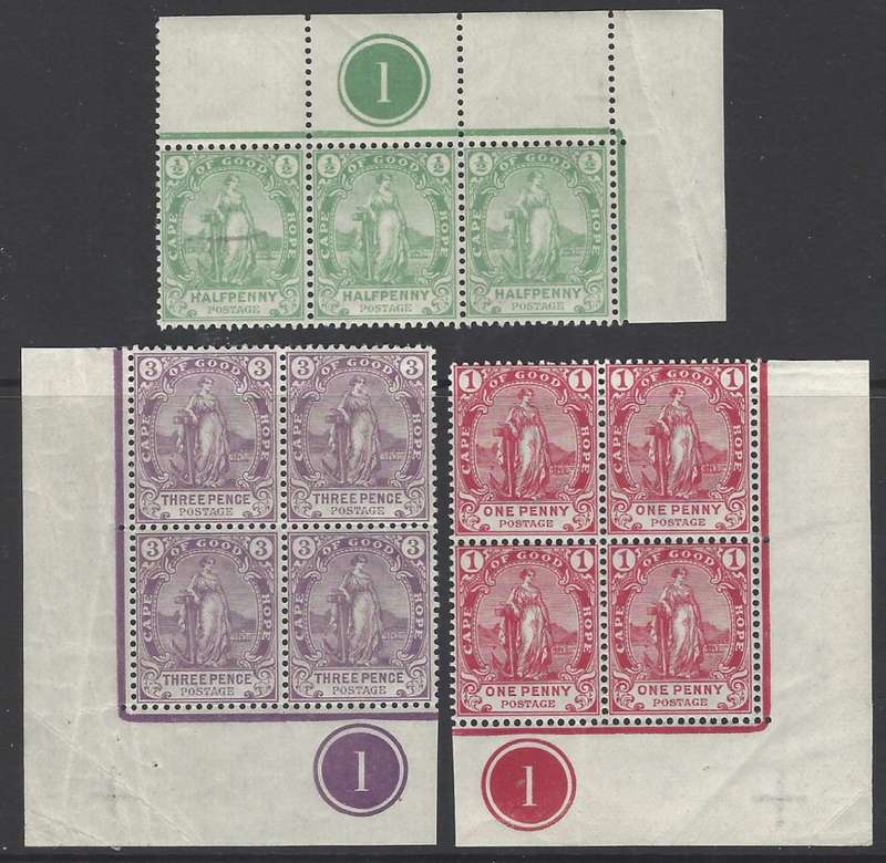 Cape Rectangular: 1893 set of 3 Plate `1` blocks/strip MNH. SACC 53/5. See below.