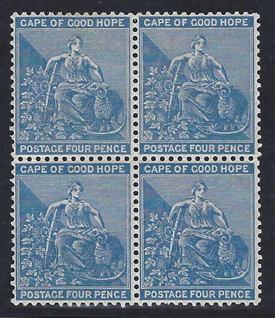 Cape 1876 4d blue block of 4 superb MNH. SACC 25. See below.