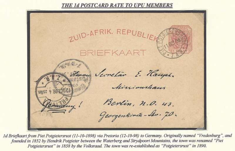 Transvaal: 1d postcard rate to UPU members: PIET POTGIETERSRUST/Germany.  See below.