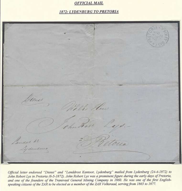 Transvaal: Rare 1872 ROBERT LYS: LYDENBURG/PRETORIA official mail. See below.