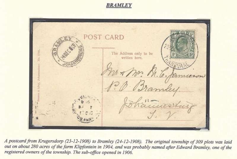 Transvaal: Johannesburg sub-offices: BRAMLEY on Scarce PILGRIMS REST postcard. See below.