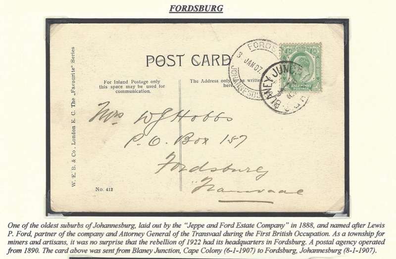 Transvaal: Johannesburg sub-offices:  FORDSBURG with "JOHANNESBURG" at base. See below.