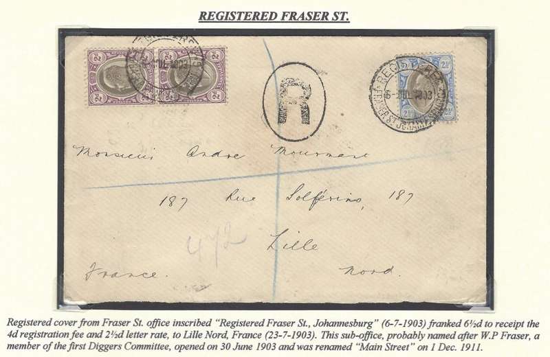 Transvaal: Jhb. sub-offices: Very Scarce ("RRR") REGISTERED FRASER ST. JOHANNESBURG (Putzel type 3).