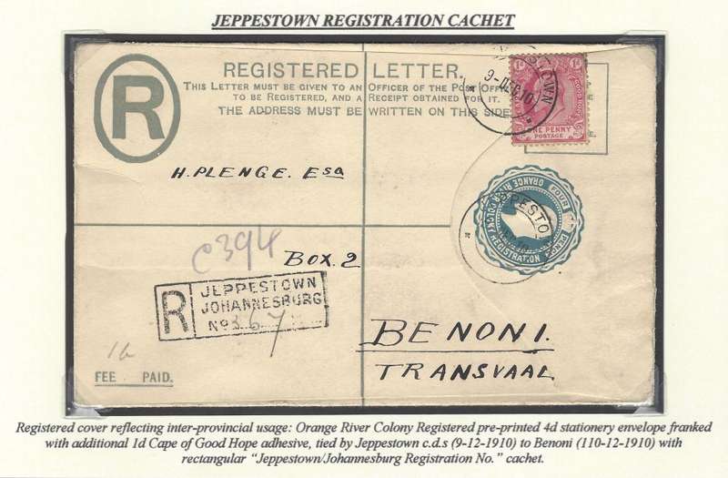 Transvaal: Johannesburg sub-offices: JEPPESTOWN REGISTRATION cachet. UNRECORDED by Putzel.