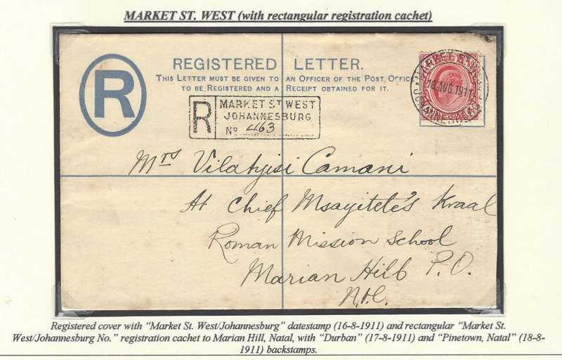Transvaal: Jhb. sub-offices: Scarce ("RR") MARKET ST. WEST. with REGISTRATION Cachet.  See below.