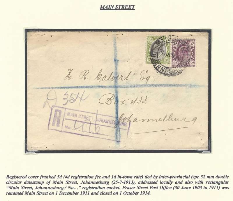 Transvaal: Johannesburg sub-offices: MAIN STREET with Rectangular REGISTRATION Cachet.  See below.