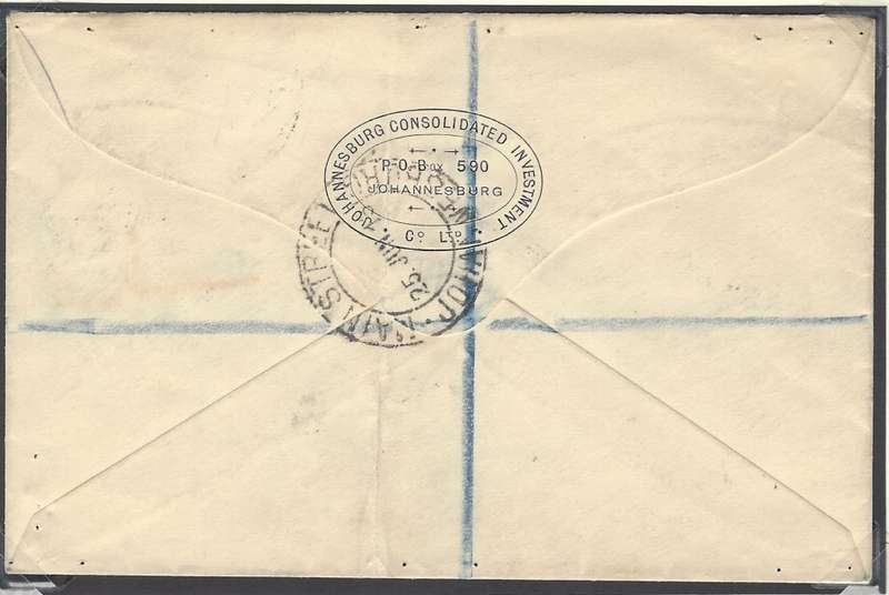 Transvaal: Johannesburg sub-offices: MAIN STREET with Rectangular REGISTRATION Cachet.  See below.